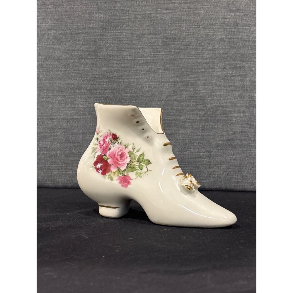 Vintage Victorian Porcelain Shoe Decor With Romantic Floral Accents & Gold Detai